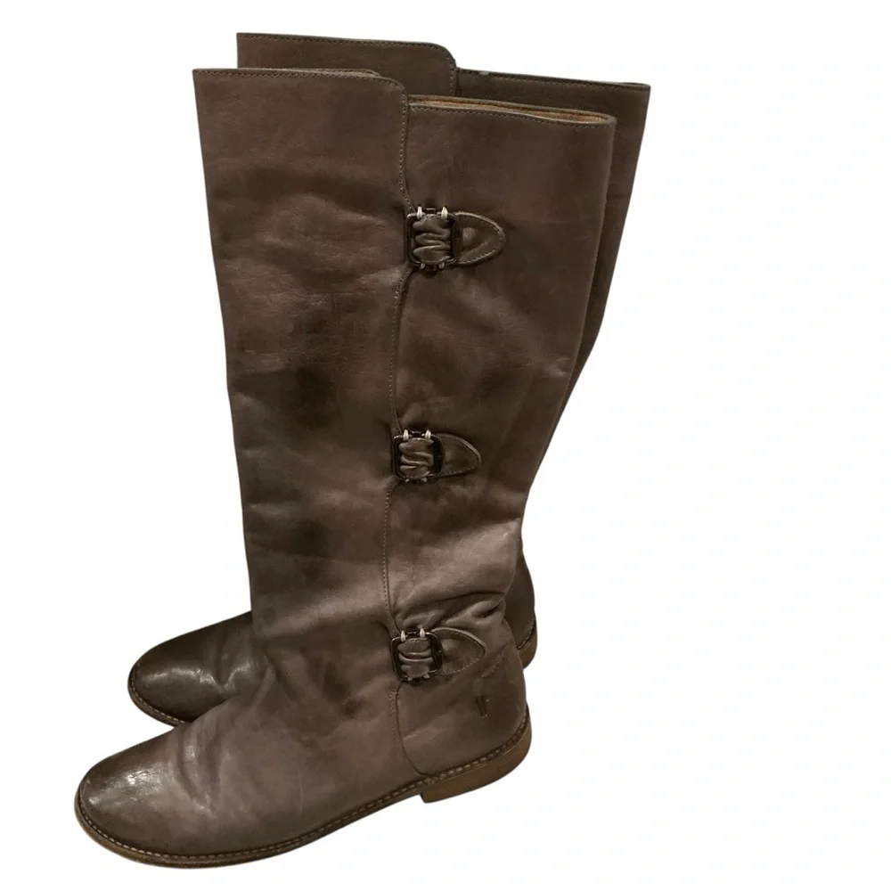 Frye Paige buckle riding boots tall grey leather size 8.5 equestrian southwest
